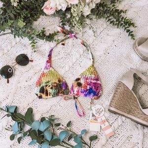 Pilyq Embroidered Triangle Halter Bikini Top S NWT